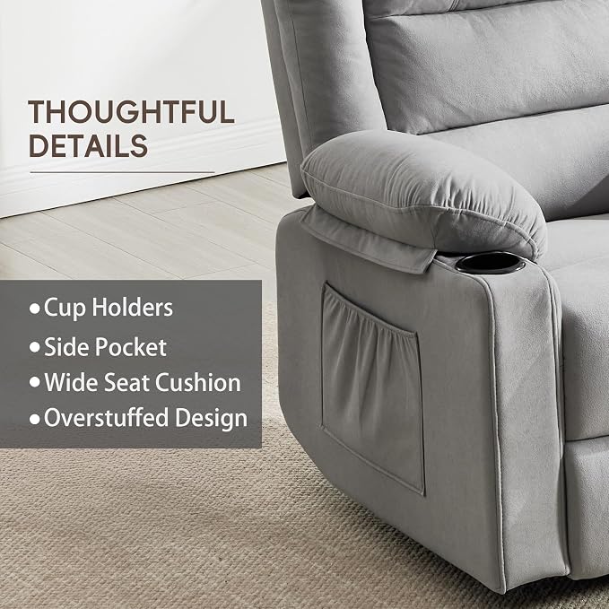 Ketaiyou Swivel Rocker Recliner Chair for Adults with Massage and Heat, Cup Holders and Side Pockets, Glider Rocking Reclining Single Sofa Chair for Living Room (L Grey)