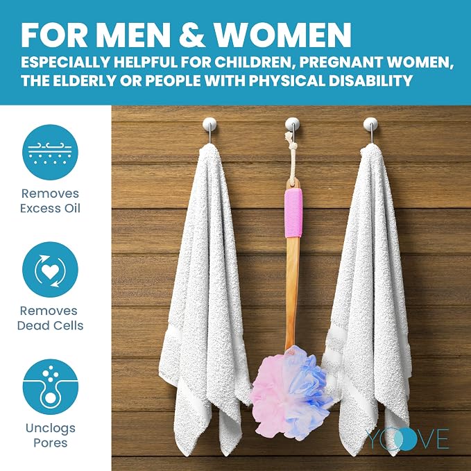 Yoove Pink Loofah Back Scrubber with Bamboo Charcoal Handle | Charcoal infused bath sponge with wooden handle, luffa pouf & hanging hook for men & women - exfoliating body scrubber stick