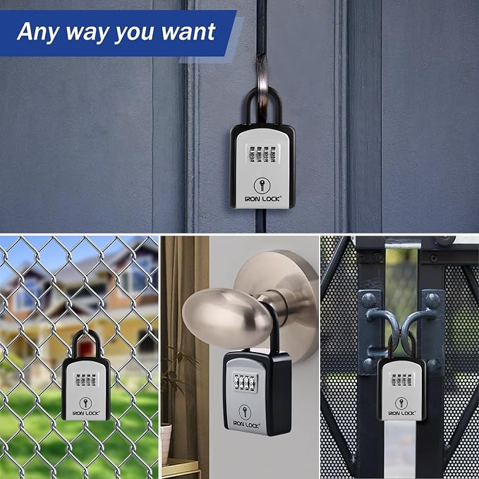 Iron Lock® Small Portable Key Lock Box with Code, U-Shackle (Small, Grey) | U-shackle opens fully out to loop over a handle, gate, latch or rail; rolling combination dials, no app, no battery
