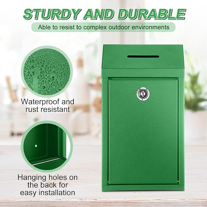 Yaocom Metal Money Box,Green,10.24 x 5.71 x 2.95 Inch,No Lid | Wall Mounted Drop Donation Cash Box for Farm Stand Collection Safe Suggestion Box with Lock Container for Home Office Outdoor