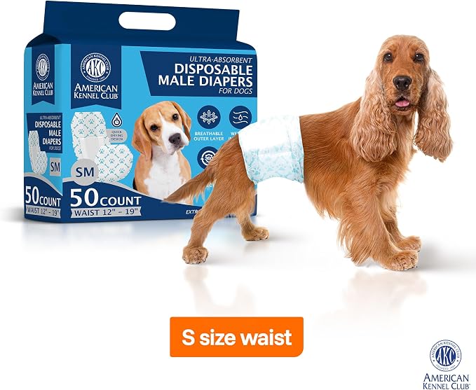 American Kennel Club Male Dog Wrap, Disposable Diapers with Wetness Indicator, Small, 50 Count
