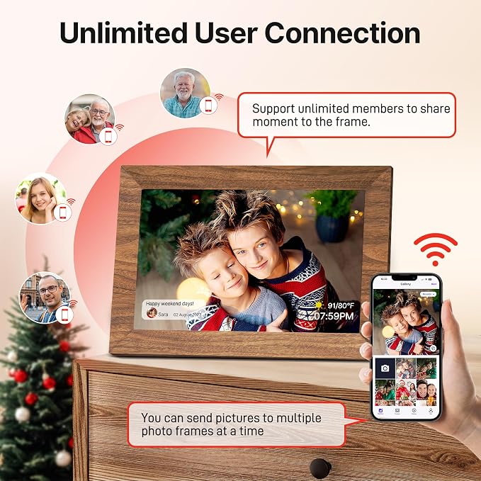 Uhale Digital Picture Frame 32GB Storage 10.1 Inch Wood WiFi Electronic Photo Frames SD Card Slot IPS Touch Screen HD Display Auto Rotate Slideshow Share Videos Photos Instantly Send Wishes Remotely
