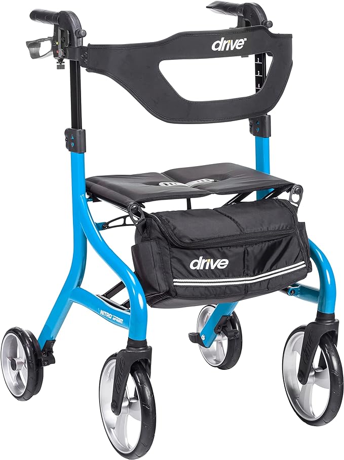 Drive Medical Nitro Sprint Rollator Walker with Seat, Tall Height, Blue | Lightweight Rollator with Large Wheels Offers Foldable, Four Wheel Support for Tall Users Every Single Day