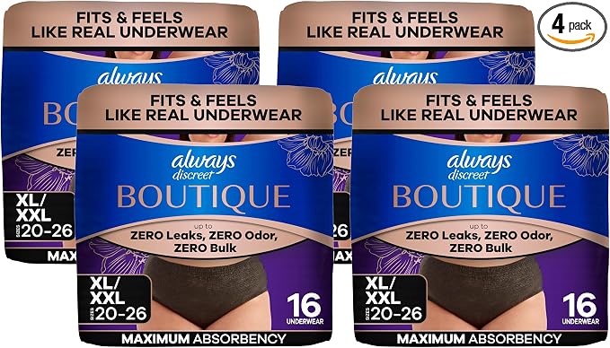 Always Discreet Boutique Incontinence and Postpartum Underwear for Women, Maximum Protection, Extra Large, Black, 16 Count (Pack of 4)