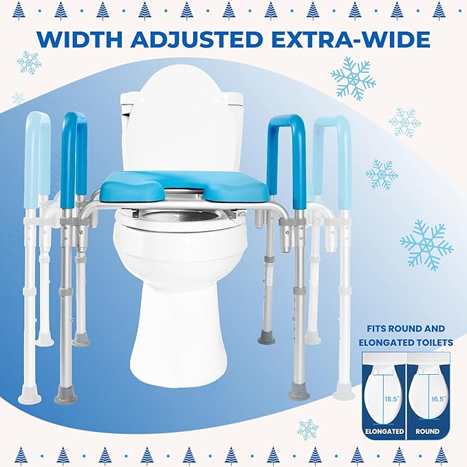 Ultimate Raised Toilet Seat with Handles, Bedside Commode, Padded Armrests, Adjustable Height, Premium Elevated Toilet Seat for Elderly Bathroom Safety with Arms, Standard and Elongated Toilets, Blue