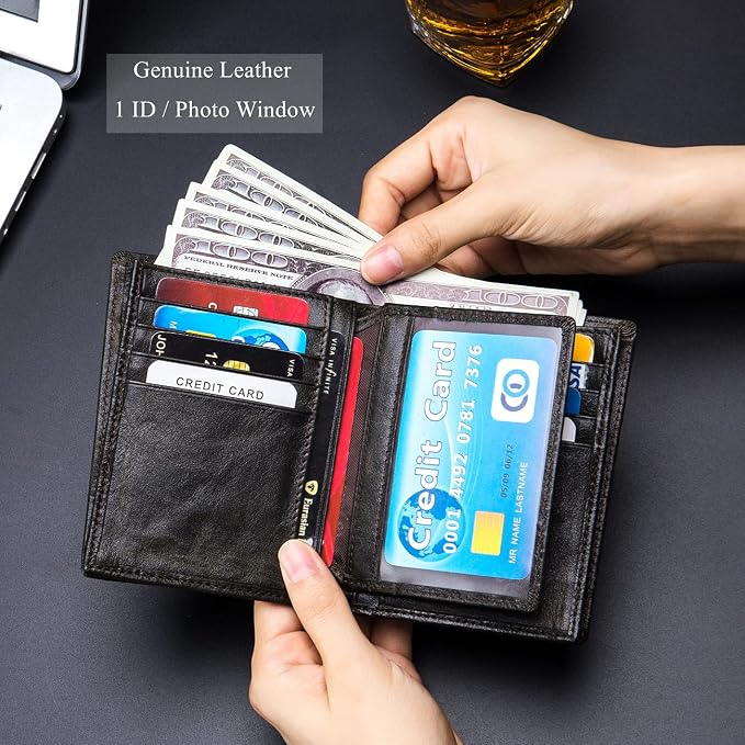 BULLCAPTAIN Large Capacity Genuine Leather Wallet for Men QB-027 | Bifold Wallet,RFID Blocking,Credit Card Holder,15 Card Slots,Special Expandable Design,gift choice