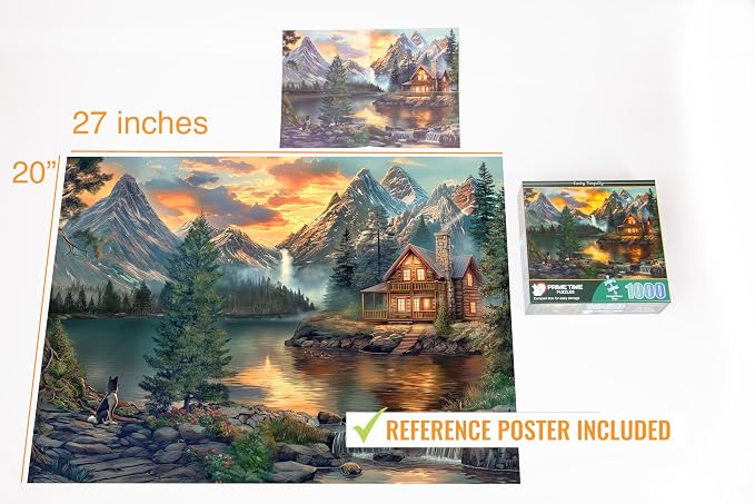 Adult Jigsaw Puzzle 1000 Piece Mountain Cabin | Features a serene lake cabin scene, finishing at 20x27 inches. Great for game nights on a table, puzzleboard, or floor.