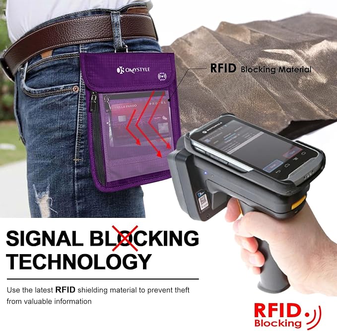 OMYSTYLE Neck Wallet, RFID Passport Holder for Travel, Adjustable Neck Strap, Waterproof Neck Pouch for Men & Women to Keep Cash, Credit Cards and Documents Safe, Purple (8x6)