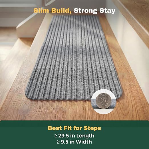 MBIGM Carpet Stair Landing Mat, 1 Pack, 2'6" x 2'6", Light Gray | Polyester carpet surface with PP mesh, nonwoven cushioning, and TPR adhesive backing for indoor stair coverage.