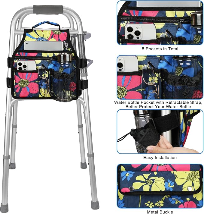 supregear Walker Side Bag, Storage Pouch w/Cup Holder for Folding Walker, Waterproof Caddy Basket for Side Bar Accessory Attachment for Seniors Elderly, Double Sided Organizer