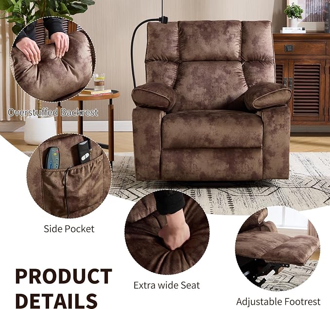 Power Lift Recliner for Elderly with Heat & Massage, Wide Electric Reclining Chair with Cup Holder, Phone Holder & Side Pockets, Brown