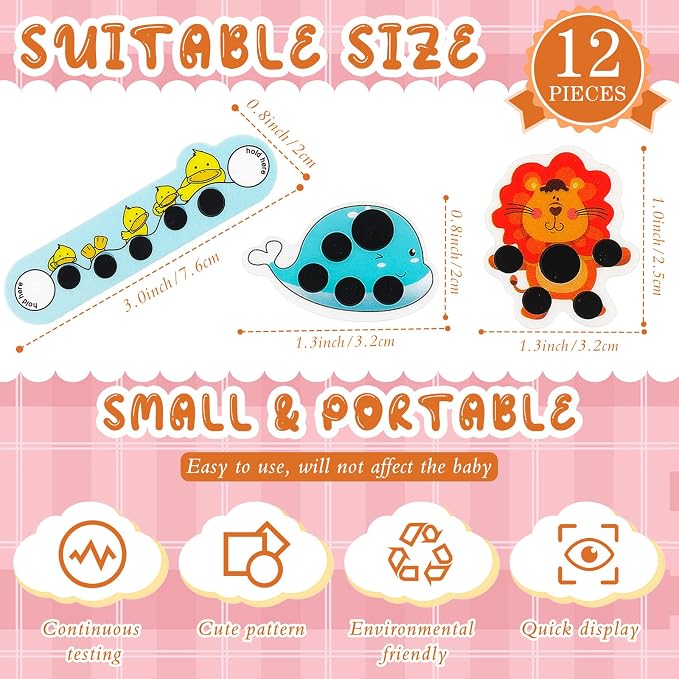 Weewooday 12 Pcs Stick-on Fever Stickers Forehead Temperature Monitoring Patch Cartoon Stickers Thermometer Strips for Kids