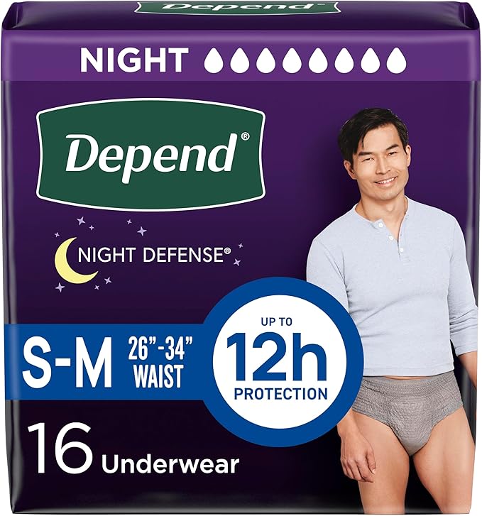 Depend Night Defense Adult Diapers, Incontinence Underwear for Men, Disposable, Overnight, Small/Medium, Grey, 16 Count, Packaging May Vary