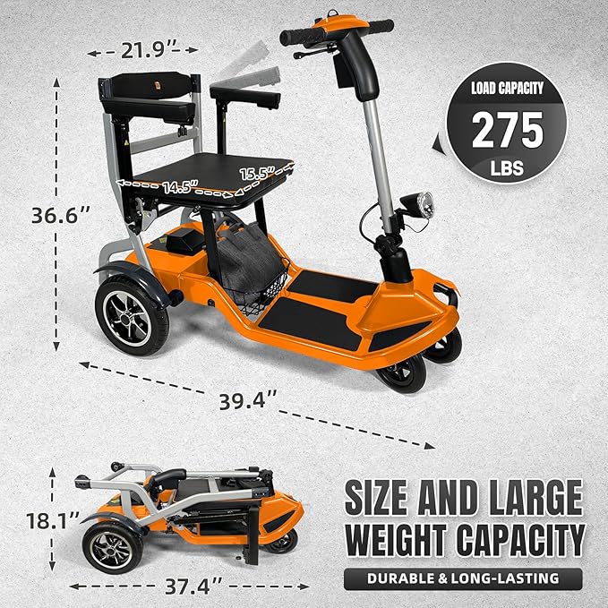 R3b-Mobility Scooters for Seniors Adults Ultra Lightweight 37.5 Ibs Electric Powered Folding 4 Wheel Mobility Scooter with Cup Holder, Compact Convenient for Travel Airline Approved, Orange