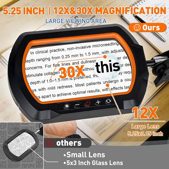 HITTI 30X & 12X Square Magnifying Glass with Light and Clamp, Hands Free | 3-Section Arm, 5 Color Modes, Stepless Dimming, LED Desk Lamp for Soldering, Jewelry Making, Crafting, Fly Tying-Yellow