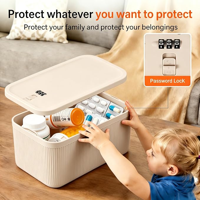 Lockable Storage Box, Plus Lock Box with Code – 2 inch Taller Version for Medication Safe, Phone Jail, Food Snacks, First Aid Kits, Refrigerator, Office, School, Home, Travel Gift (Beige)