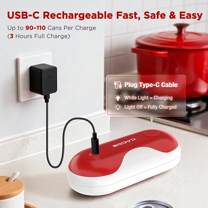CACOE Automatic Smart Electric Can Opener with Auto Stop & USB-C Charging | Cordless Can Opener for Elderly and Arthritic Users for Seniors & Arthritis, Effortless One-Touch Open (red)