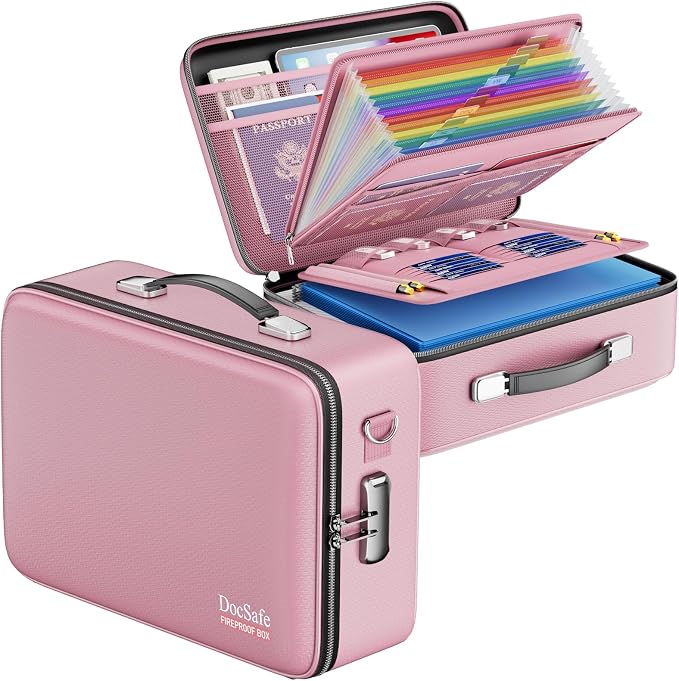 DocSafe Fireproof Document Box Hard Case with Lock ＆ Accordion File Folder | Fire and Water Resistant Safe Box,File Organizer,Multi-Pocket,Home Office Travel Storage for Important Document,Laptop,Pink