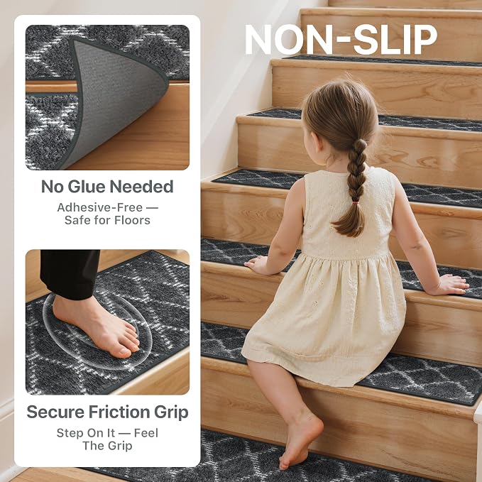 sarben 8"x30" Non Slip Stair Treads for Wooden Steps 15 Pack,Charcoal White | Peel and Stick Carpet Stair Runner with TPE Adhesive Backing, Carpet for Added Safety, Pet and Senior Friendly