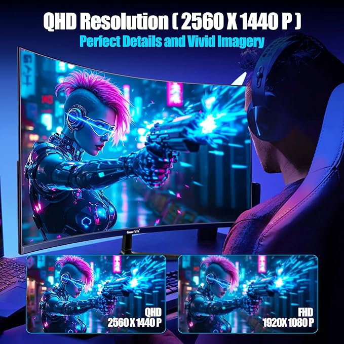 Gawfolk 27 Inch Gaming Curved Monitor, 180Hz QHD 2560x1440p PC Monitor with AMD FreeSync, Flicker-Free, HDMI 2.0, DP 1.4, Ultra-Thin Frameless 2K Computer Screen