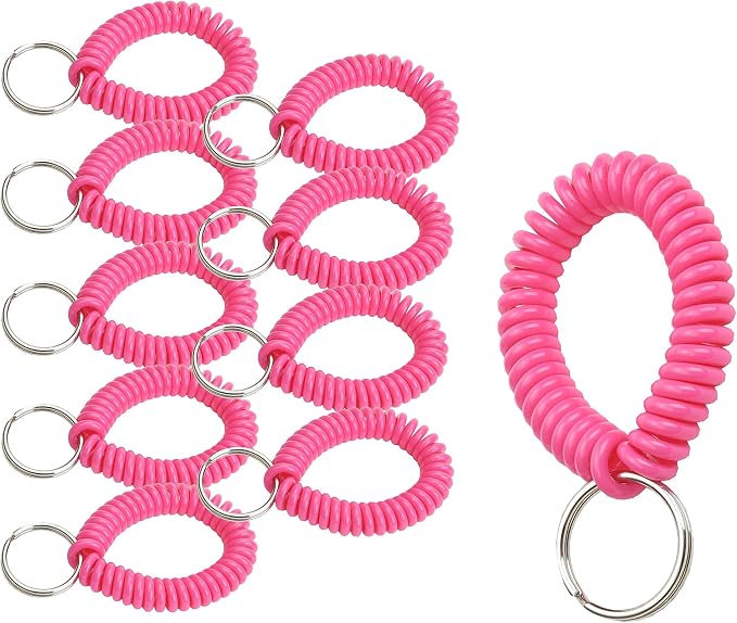 Lucky Line 2” Spiral Wrist Coil with Steel Key Ring, Flexible Wrist Band Key Chain Bracelet, Stretches to 12”, Neon Pink, 10 PK (41066)