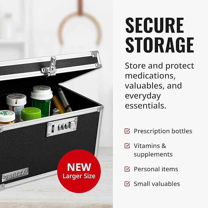 Vaultz Locking Medicine Box with Combination Lock - Secure Metal Lock Box Safe for Medication, Pills & Valuables, Small Lockbox with Code, Portable Storage Case, Black