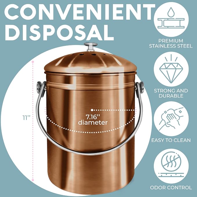 Epica Kitchen Compost Bin for Kicthen Countertops, 1.3 Galllon - Copper