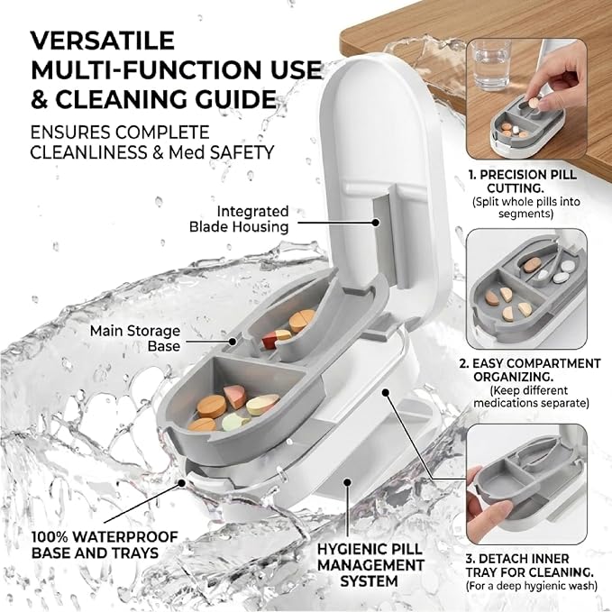 Pill Splitter with Stainless Steel Blade, BPA-Free Pill Cutter, V-Shaped Precision Pill Cutting Device, Portable Travel Pill Divider for Cutting 1/2 1/4 1/8 Small Medium Pills