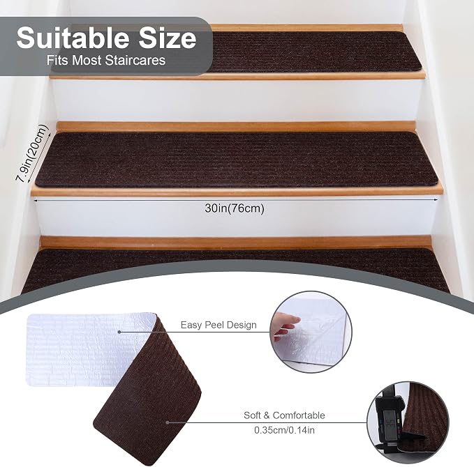 7 PCS Non Slip Stair Treads for Wooden Steps – 8"x30" Indoor Non Slip Stair Treads, Carpet Stair Mats with Self-Adhesive Backing, Removable & Machine Washable – Brown