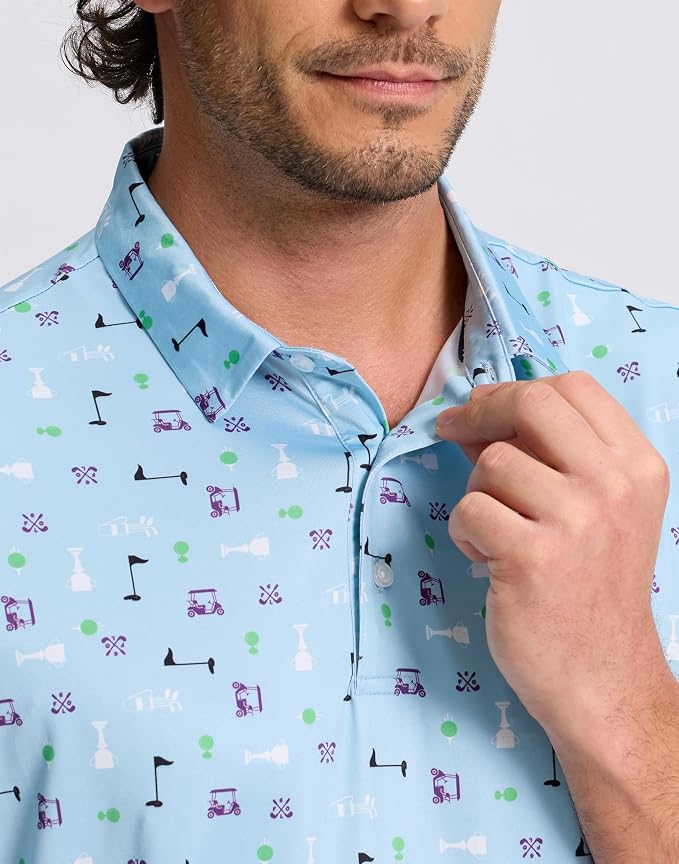 Obla Mens Golf Polo Shirts Short Sleeve Dry Fit Performance Moisture Wicking Casual Print Collared Golf Shirts for Men