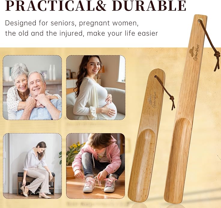 Wooden Shoe Horn Set, 15'' Long Handle for Seniors & Adults, 10.25'' Short Shoe Spoon for Kids, 2-Pack Boot Horn