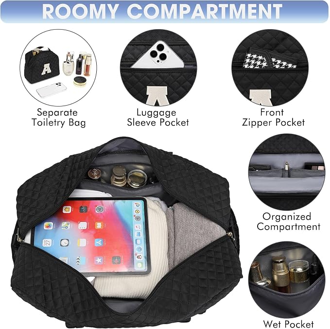 Initial Travel Duffle Bag for Women - Black Personalized Weekender Bags Overnight Bag with Shoe Compartment & Wet Pocket Weekend Tote Bags with Toiletry Bag Monogram Gifts (Letter A)