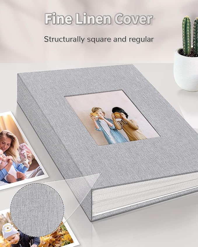 Artfeel Photo Album 4x6 with 100 Pockets,Slip-in Picture Albums,Linen Cover Memory Book with Front Window,White Page Vertical Photo Book for Wedding,Family,Anniversare,Baby,Vacation