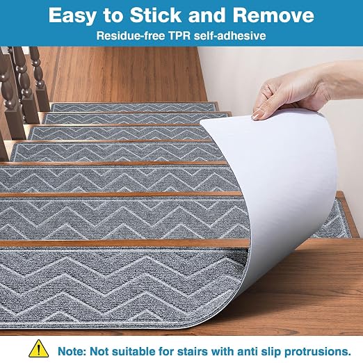 DK177 Stair Treads for Wooden Steps, 15 Pack 8"x30" Non-Slip Indoor Carpet Stair Treads with Reusable Polyester TPE Backing for Kids Elders and Pets (Dark Gray, 15PCS)
