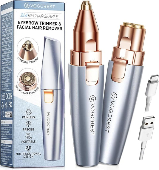 VG VOGCREST Eyebrow & Facial Trimmer: 2 in1 Rechargeable Facial Hair & Eyebrow Shaver - Painless LED Light (Sky Blue)