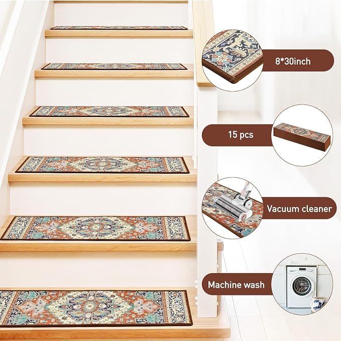 GIB Stair Treads for Wooden Steps Indoor, 15 Pack 8" X 30" Non Slip Carpet Stair Treads with Reusable Adhesive for Kids Elders and Dogs, Boho Vintage Oriental Stair Runner