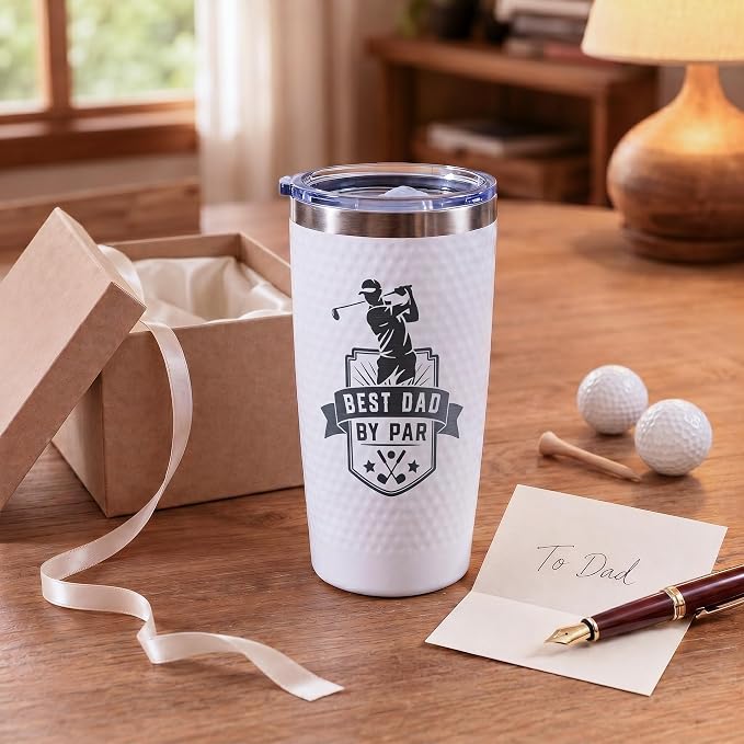 Golf Gift for Dad - Funny Golf Dads Gifts from Daughter Son Kids, Best Dad By Par Tumbler for Men Golfers Golf Lovers, Unique Golf Coffee Mug Cup for Fathers Day Christmas Birthday - Dimpled 20oz