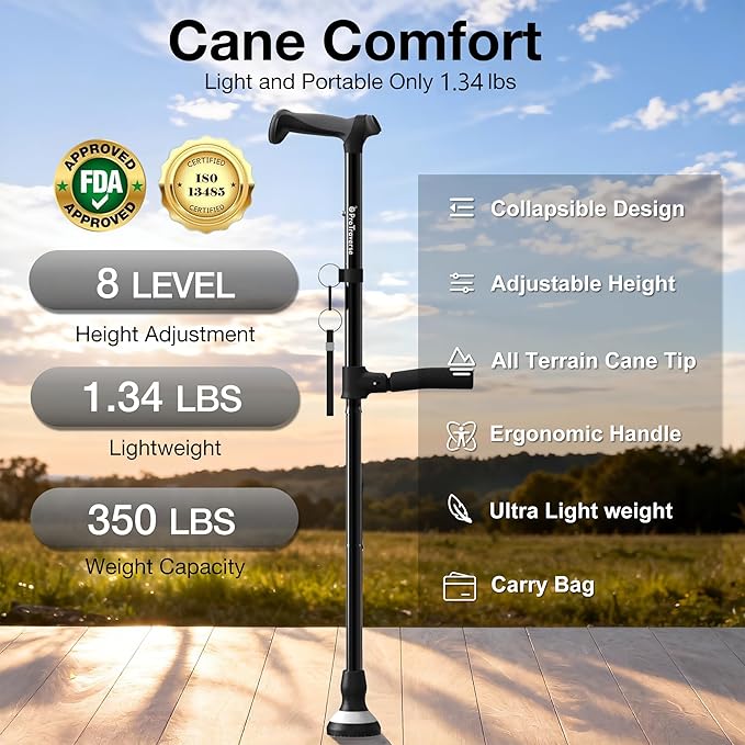 Walking Cane for Men & Women,Foldable,Adjustable,Self Standing Cane with Second Handle,350lbs Heavy Duty,All Terrain,Collapsible Walking Sticks for Seniors & Adults,Black