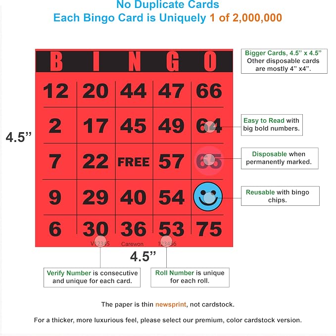 100 Bingo Cards, Large 4.5 x 4.5 Inch, Red, Paper Bingo Sheets | 8 Color Options, Premium Cardstock, Disposable with Daubers or Reusable with Chips — Proudly Made in USA