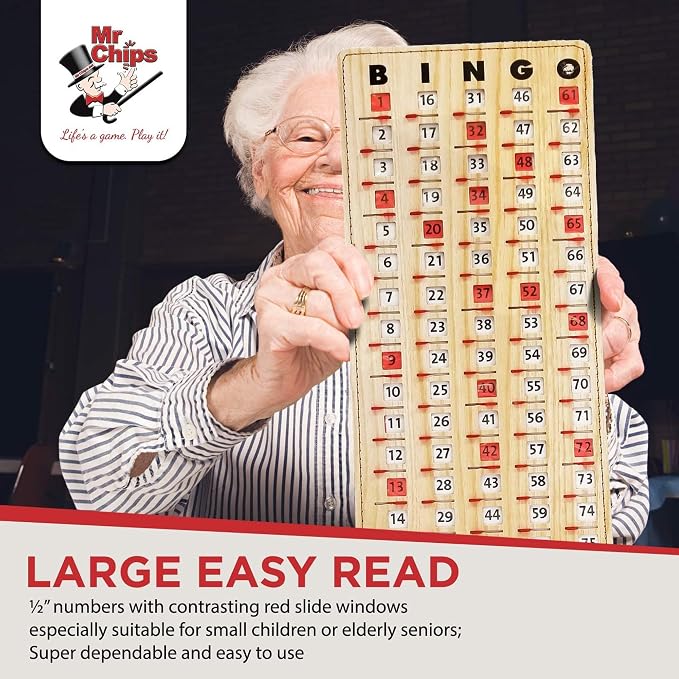 MR CHIPS Large 14.75" L x 6.75" W Jam-Proof Finger Tip Bingo Master Board Card with Large 3/4" Sliding Windows, Thick 5 Ply Cardboard, Tan Woodgrain Style, Perfect for Tracking Bingo Games