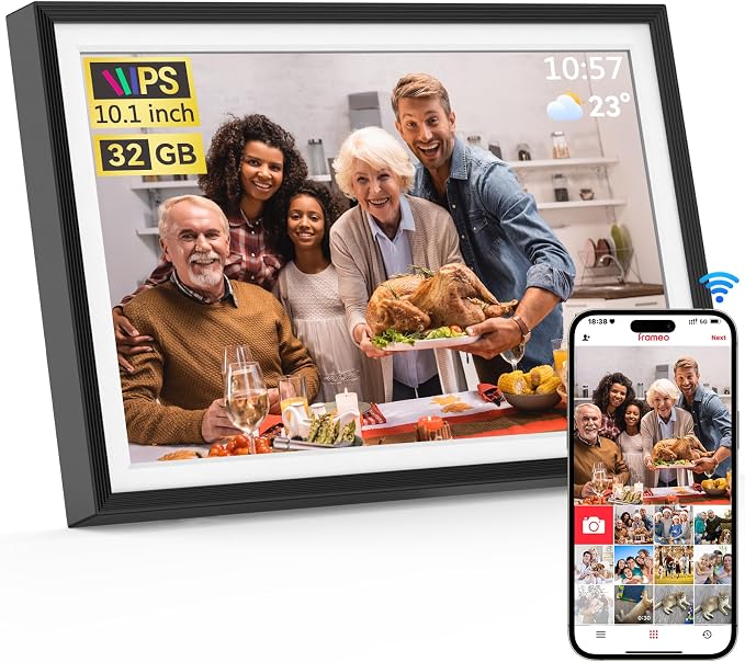Frameo 10.1 inch Digital Picture Frame, Smart WiFi Digital Photo Frame with 32G Memory, HD Touch Screen, Auto-Rotate, Slideshow, Easy Setup, Share Photos and Videos Anywhere(Black)