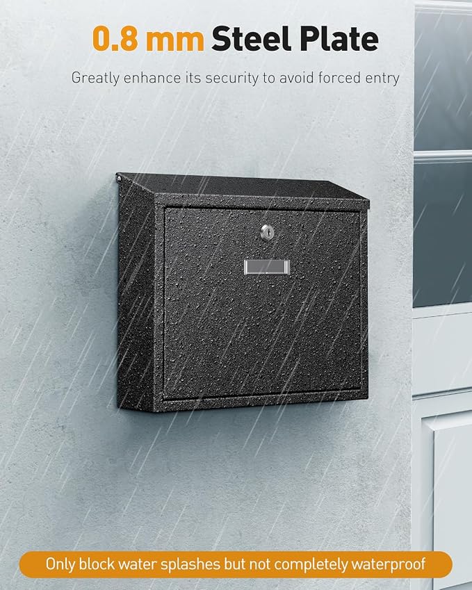 Uniclife Wall Mount Mailbox for Outside, Large Mailbox with Key Lock | Security Mail Box, Postbox for House, Safe Key Drop Case, Steel Cash Drop Case for Home Office School, Black