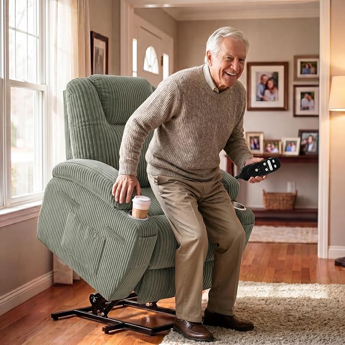 Flamaker Power Lift Chair Massage Recliner Chairs for Elderly | Ergonomic Lift Recliner Design with Cup Holders & Side Pockets, Remote Control (Corduroy, Green)