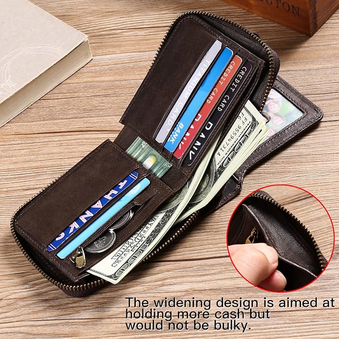 GOIACII Zipper Wallet for Men Genuine Leather RFID Blocking Mens Wallet with Zipper Coin Pocket ID Window Zipper Wallets Large Capacity