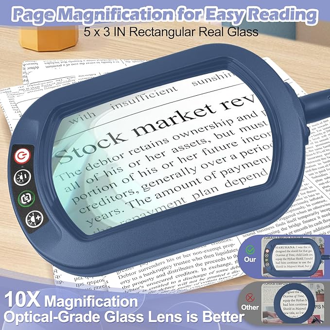 Drdefi 10X Rectangular Real Glass Magnifying Glass with Light and Stand, 24" Flexible Gooseneck Floor Lamp, 5 Color Modes Stepless Dimmable, 3-in-1 Lighted Magnifier Light Hands Free for Reading Blue