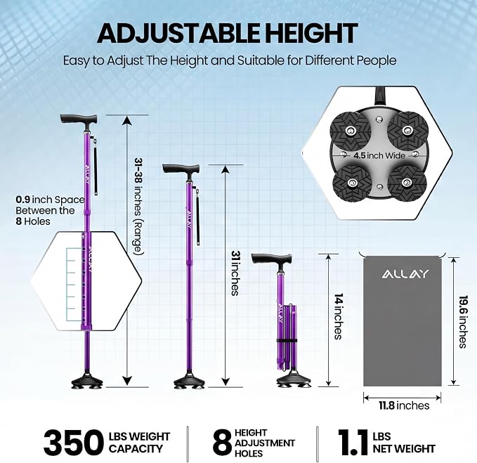 Allay Walking Canes for Men & Women - Adjustable Canes for Women for Stability, Self Standing Wide Quad Pivot Base, Light Weight, Soft Handle Grip and Travel Bag, Walking Sticks for Seniors