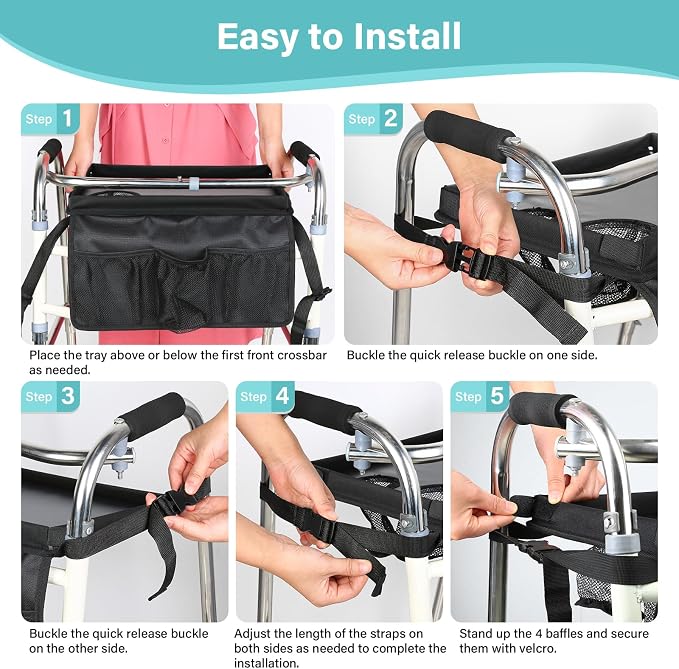 Walker Tray for Folding Walker, Trays for Walkers for Seniors Detachable with Cup Holder,Walker Trays for Rolling Folding Walker,Walker Accessories for Elderly (Black with Baffles)