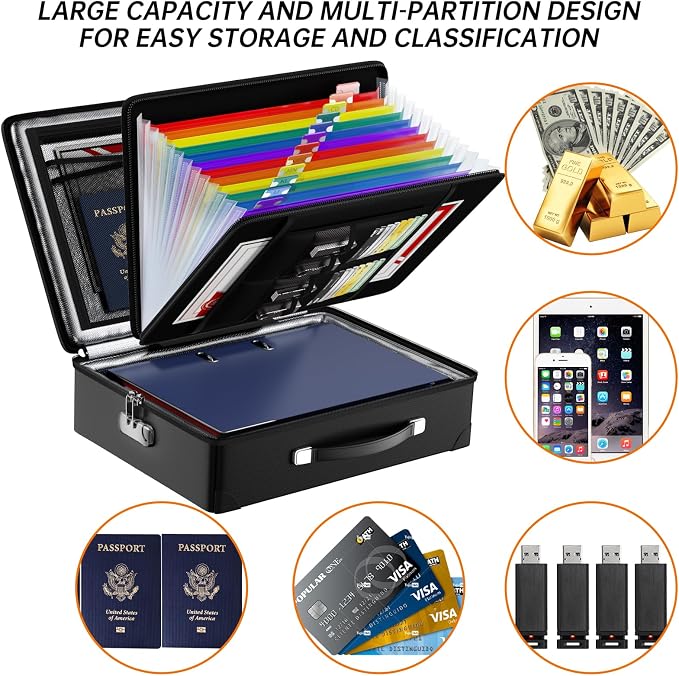 Fireproof Document Box with Fireproof Zipper, Hard Fireproof Safe Case with Lock, Fireproof Water Resistant Safe Box with Accordion File Organizer for Important Documents, Valuables, Laptop, Black