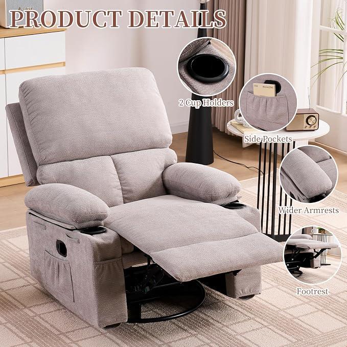 Recliner Chair for Adults, Swivel Rocker Recliner with Massage and Heat, Nursery Glider Recliner, Manual Reclining Chair with Cup Holder and Side Pocket, Rocking Chair for Bedroom, Gray