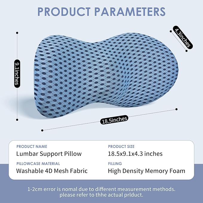 kasney Lumbar Support Pillow, Back Pillow for Low Back Pain Relief, Ergonomic Streamline Car Seat, Office Chair, Recliner and Bed (Blue)